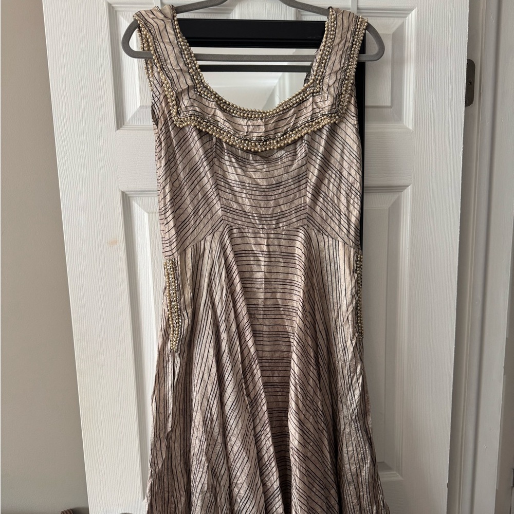 Vintage Striped Black & Cream Dress with Beaded Trim